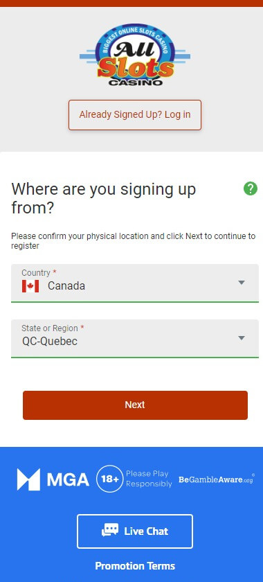 All Slots Casino Registration Process Image 1