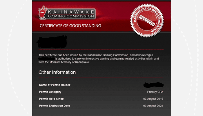 Here’s an example of a Kahnawake Certificate of Good Standing