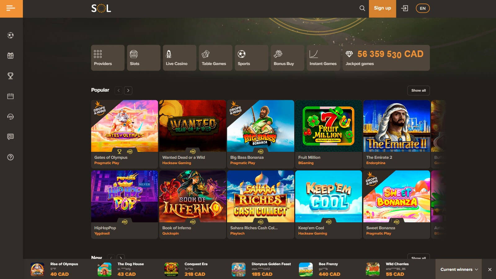 Sol Casino #3. Best casino online Brazil site for Playtech live games