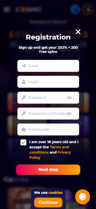 CosmicSlot Casino Registration Process Image 1