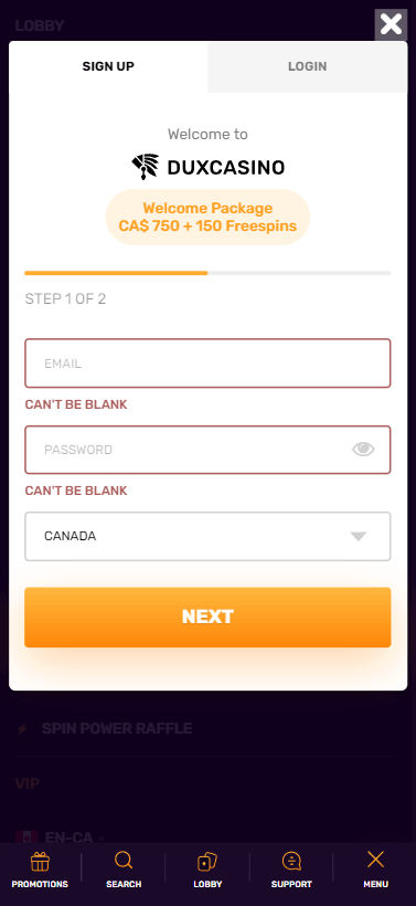 Dux Casino Registration Process Image 1