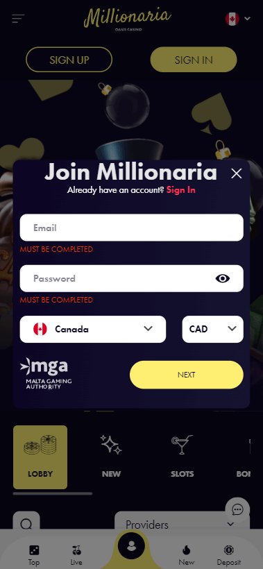 Millionaria Casino Registration Process Image 1
