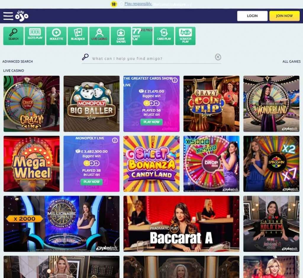 PlayOjo Casino Desktop Preview 1