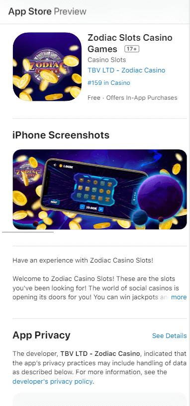 Zodiac Casino App Preview 1